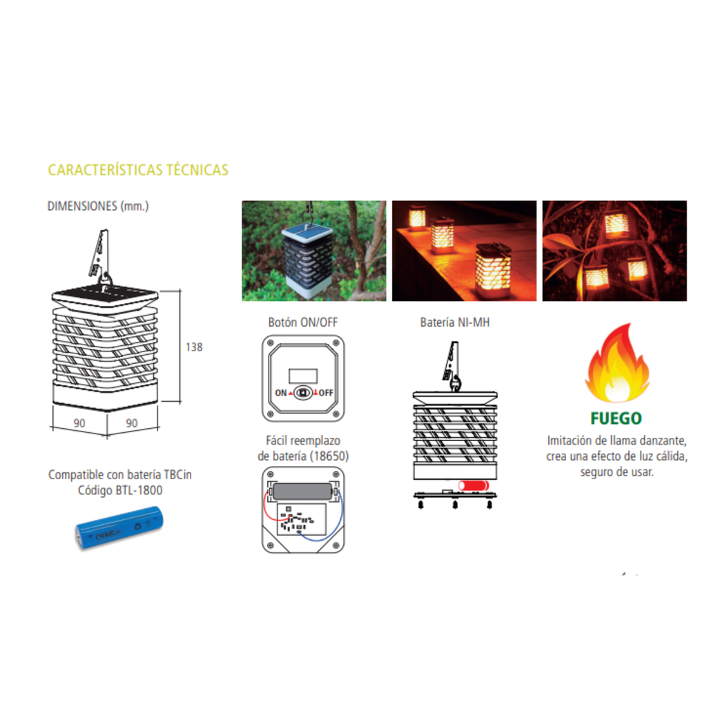 FAROL A LED AUTÓNOMO SOLAR - Batería NI-MH 1,2V 1500mAh - Luz Cálida - Autonomía 10-12hs