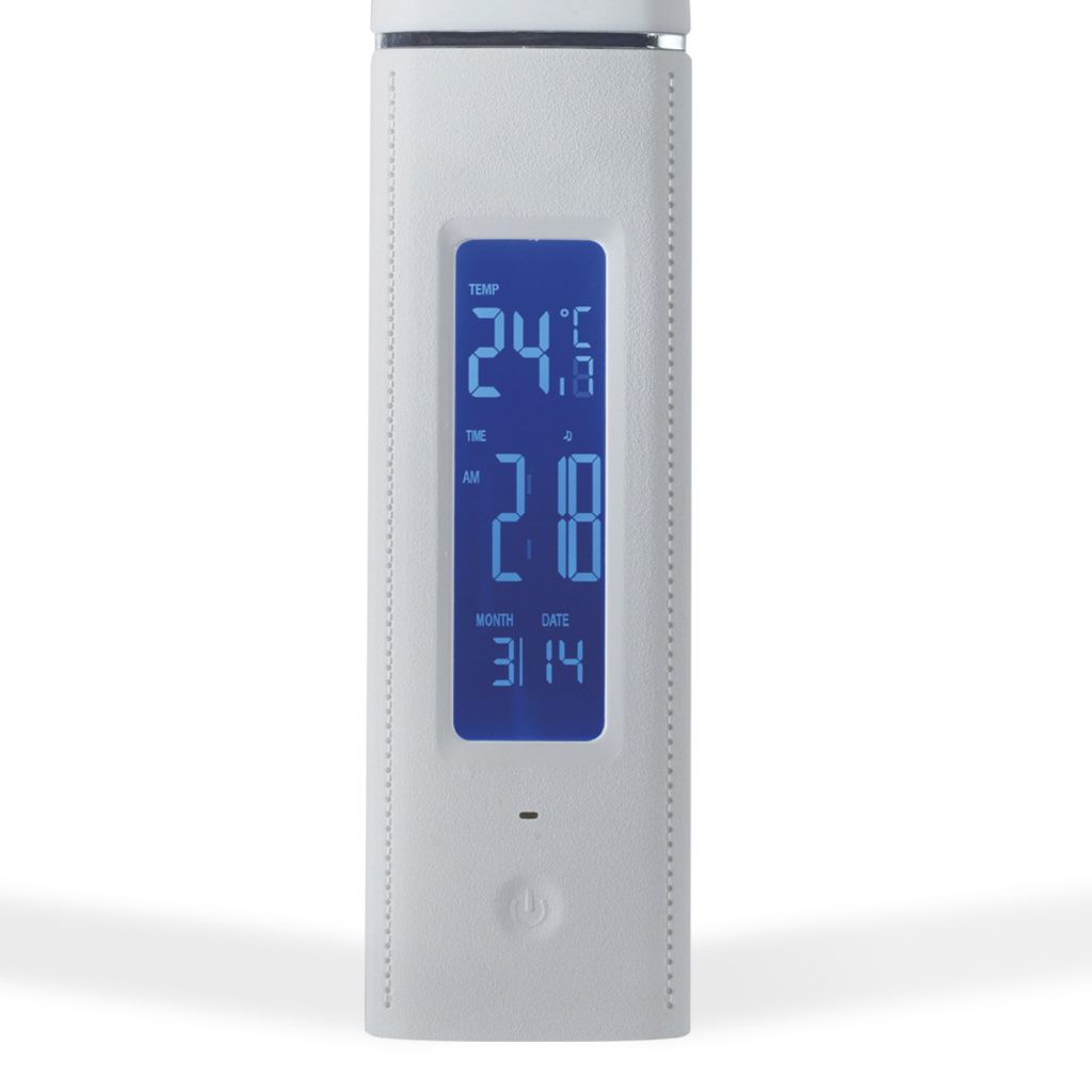 L. mesa dimerizable de 9w de led con reloj+alm.+temp. y USB