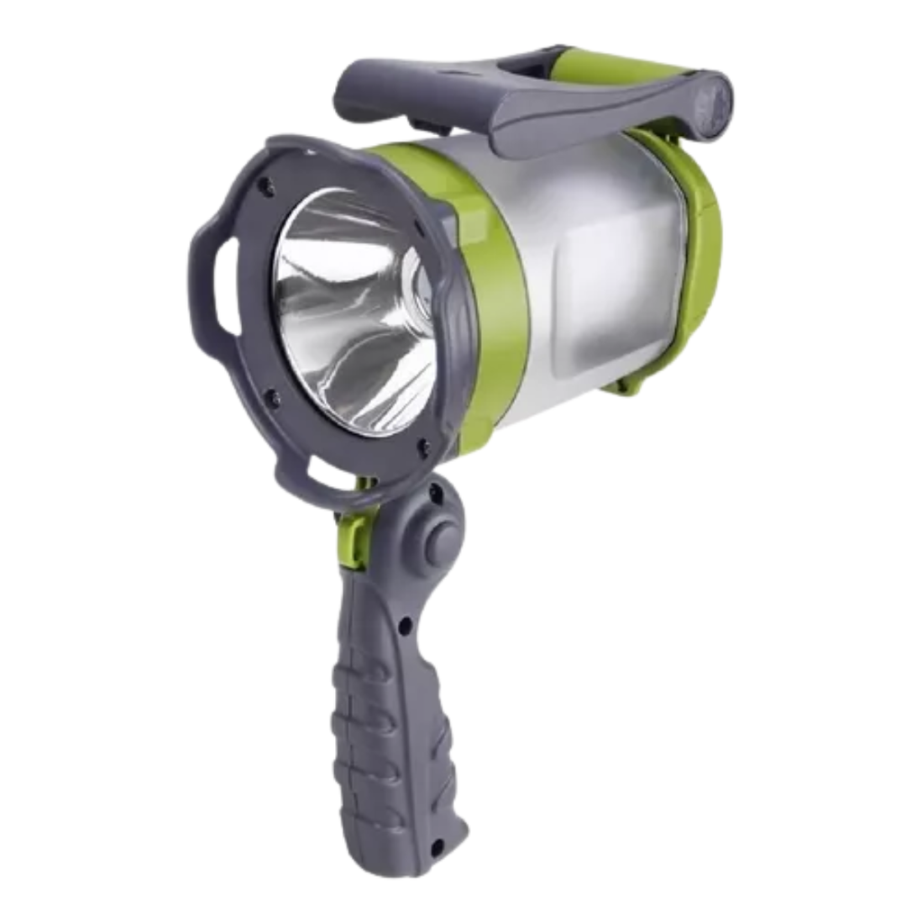 Linterna Led 60WLed + Luz de camping + Luz intermitente + Estación de carga -  Apto intemperie - +Indicador de nivel de batería - Manija plegable en dos posiciones  Base plegable - Cargador 220V + p/auto + cable USB  incluidos - Autonomía aproximada 3,5 / 1,5Hs. - Batería de Litio