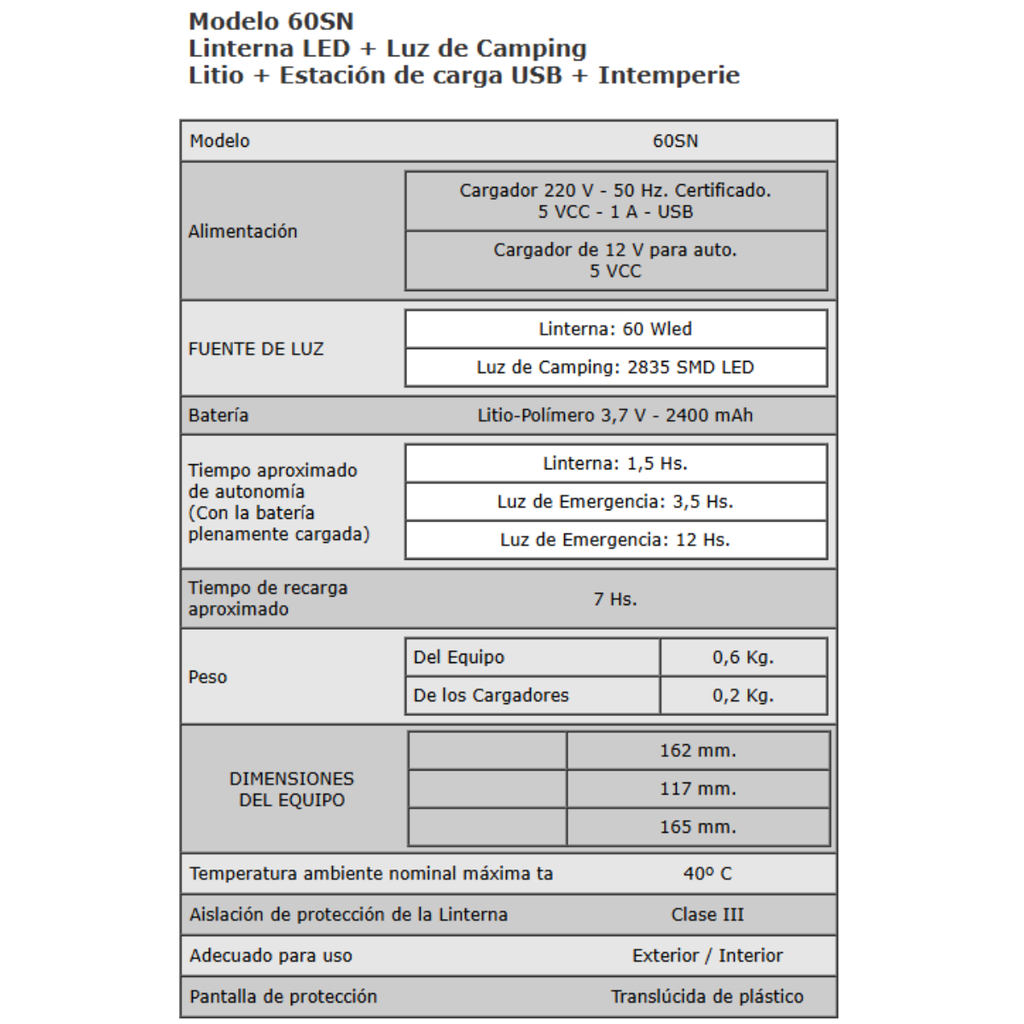 Linterna Led 60WLed + Luz de camping + Luz intermitente + Estación de carga -  Apto intemperie - +Indicador de nivel de batería - Manija plegable en dos posiciones  Base plegable - Cargador 220V + p/auto + cable USB  incluidos - Autonomía aproximada 3,5 / 1,5Hs. - Batería de Litio
