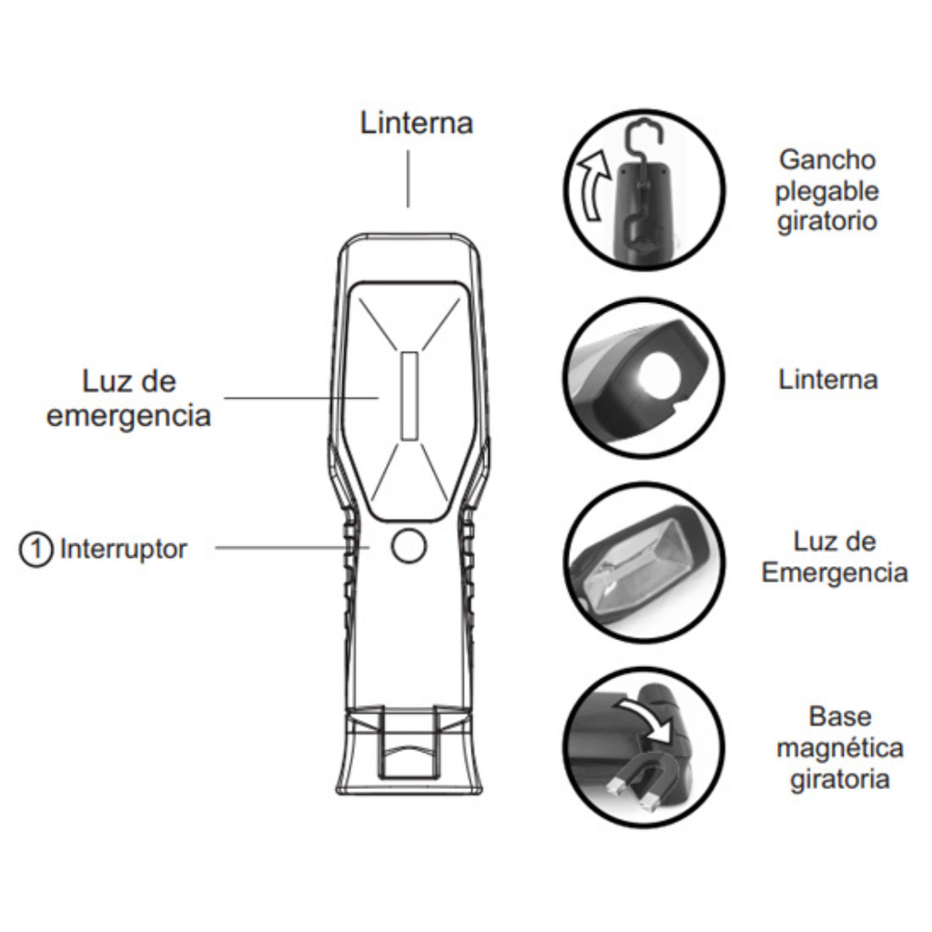 Linterna Cob led - Estación de carga USB - Apto intemperie - Base magnética  con imanes - Gancho plegable y giratorio - Batería de Litio - Cargador 220V + 12V  p/auto + cable USB  incluidos - Autonomía aproximada 8 /4Hs.