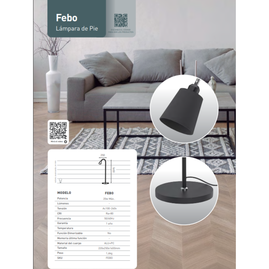 LAMPARA DE PIE NEGRO, ROSCA E27 MAX 20W