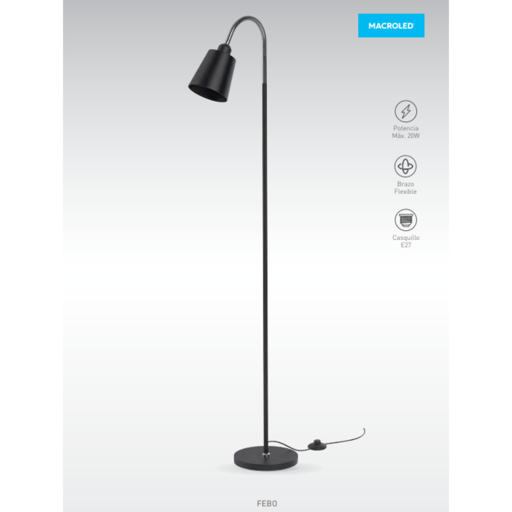 LAMPARA DE PIE NEGRO, ROSCA E27 MAX 20W