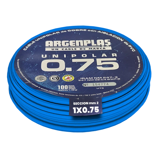 [ARGU075CEBO] Cable Unipolar 1 x 0.75 mm Argenplas Celeste