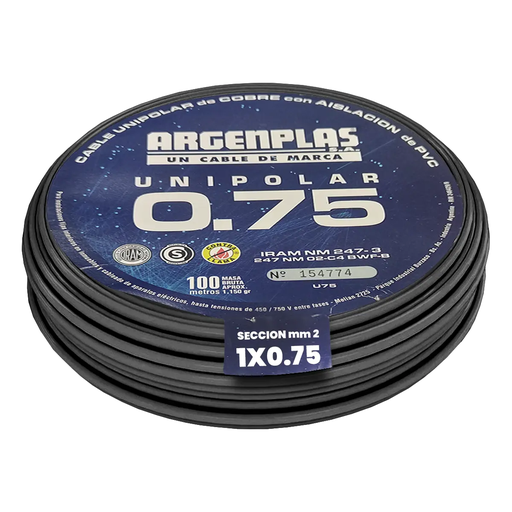 [ARGU075NERO] Cable Unipolar 0.75 mm Argenplas Negro