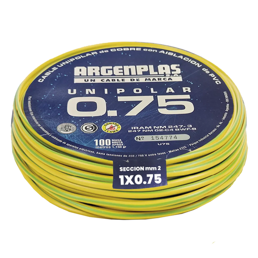 [ARGU075VABO] Cable Unipolar Flexible 0.75 mm Argenplas Verde Amarillo